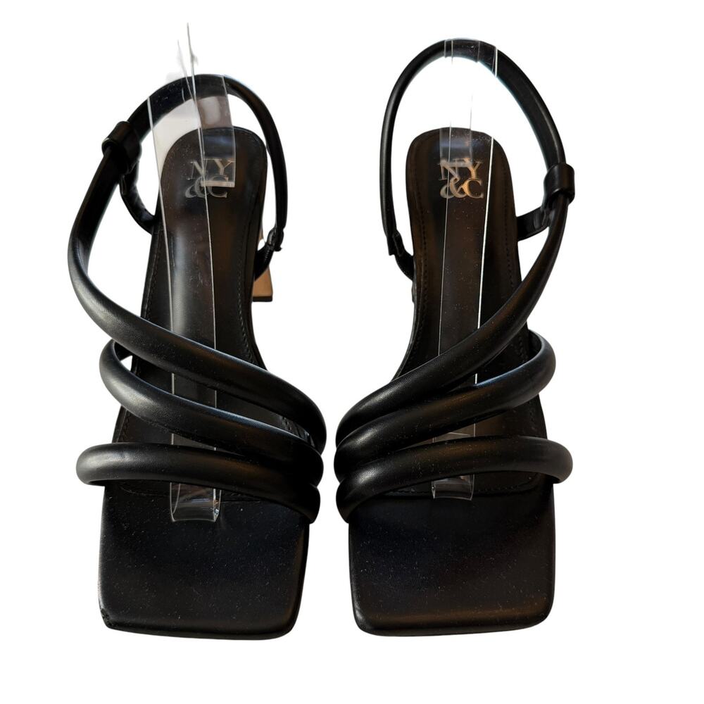 NY&C Albina Puffy Strappy Sandals Black 8.5M 3.5" Thin Block Heels Going Out